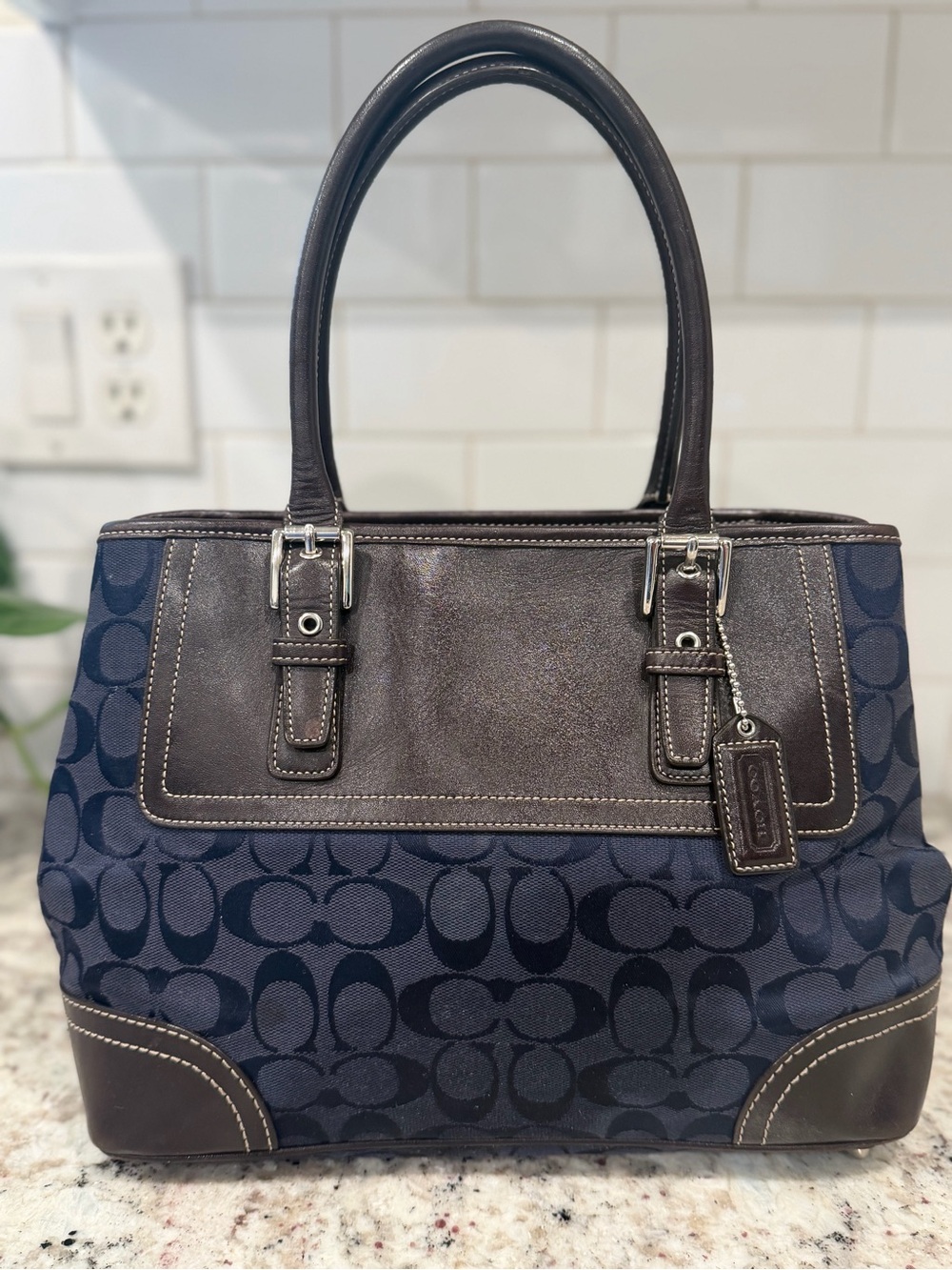 Coach Navy and Brown Signature Canvas Satchel Dark denim Y2K